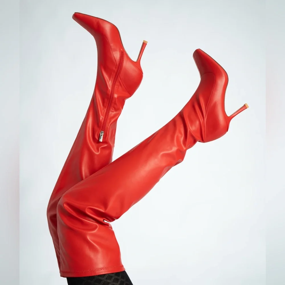 Red Vegan Patent Leather Thigh High Boots